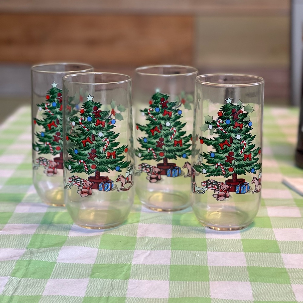 Luminarc Noel Christmas Tree Drinking Glasses VINTAGE Holiday Tumblers 6”x2.50”